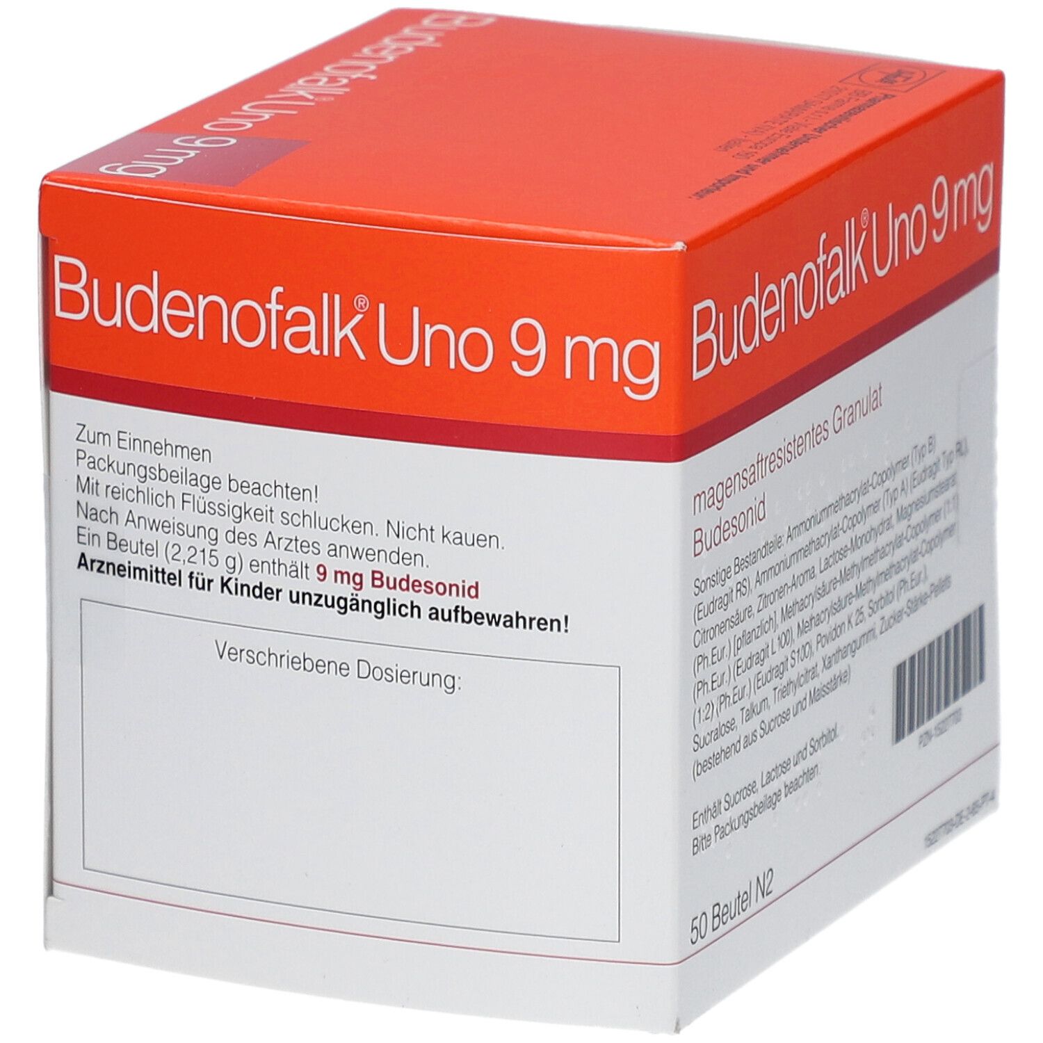 Schachtel Budenofalk Uno 9 mg, magensaftresistentes Granulat. Dosierungshinweise und Logo.