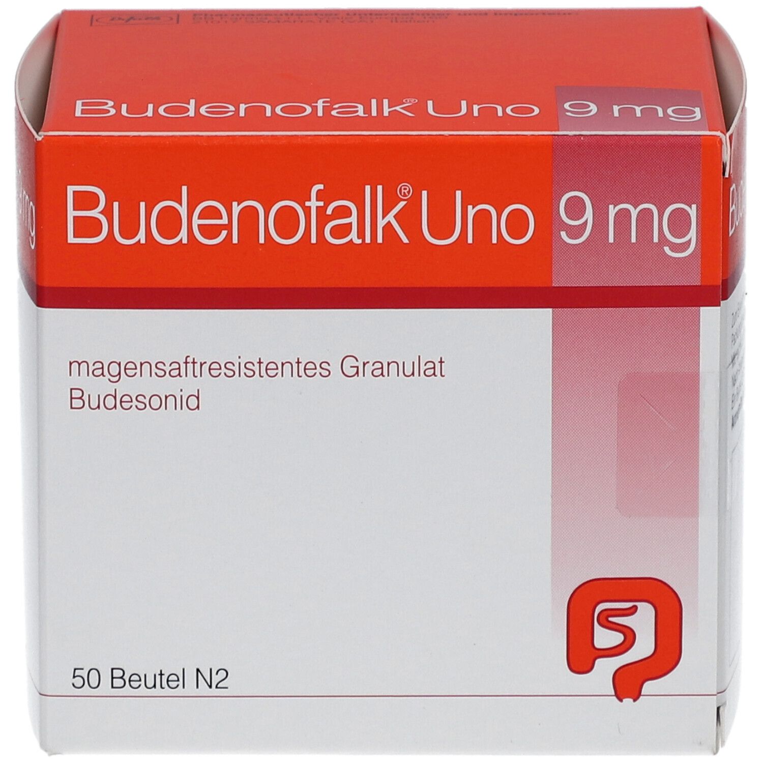 Schachtel Budenofalk Uno 9 mg, magensaftresistentes Granulat. 50 Beutel. Orange-weißes Design mit Logo.
