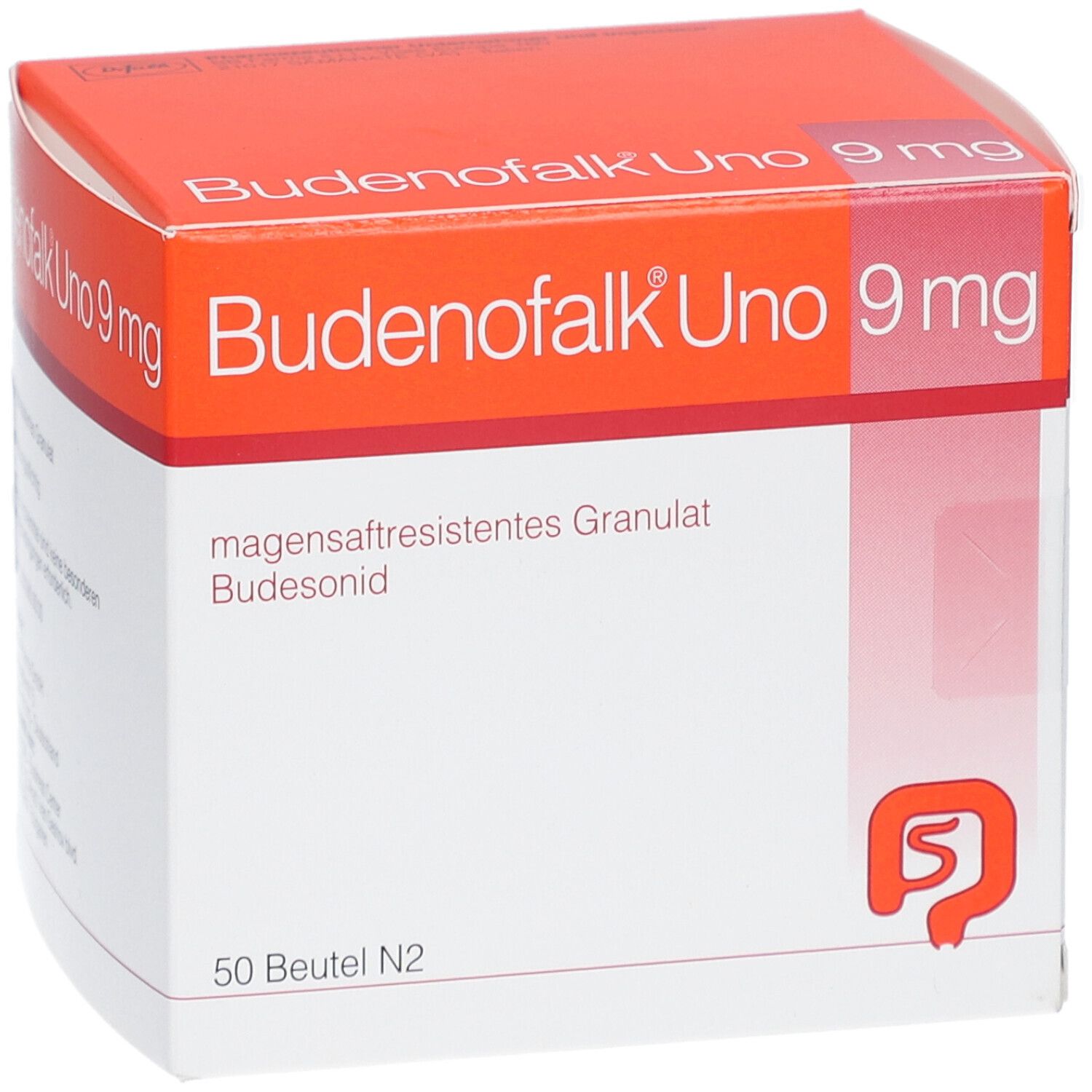Schachtel Budenofalk Uno 9 mg, magensaftresistentes Granulat. 50 Beutel. Orange-weißes Design mit Logo.
