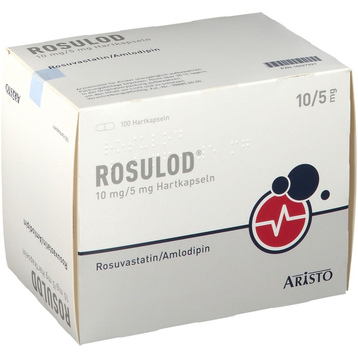 ROSULOD 10 mg/5 mg Hartkapseln. Weiße Faltschachtel mit Produktnamen, Dosierung, Inhaltsstoffen und Logo. 100 Hartkapseln.