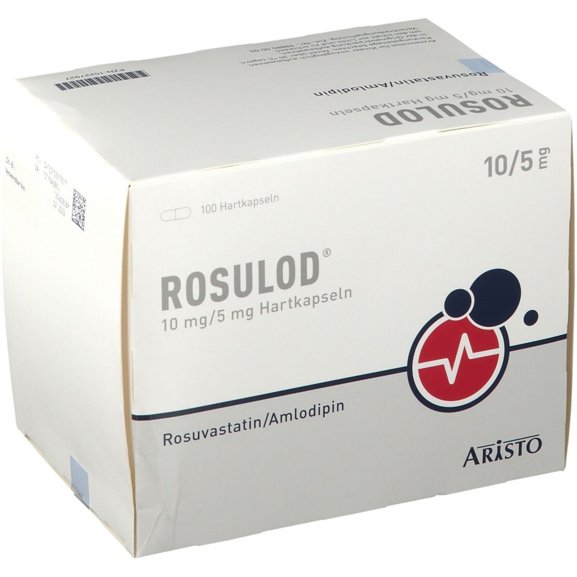 ROSULOD 10 mg/5 mg Hartkapseln. Weiße Faltschachtel mit Produktnamen, Dosierung, Inhaltsstoffen und Logo. 100 Hartkapseln.