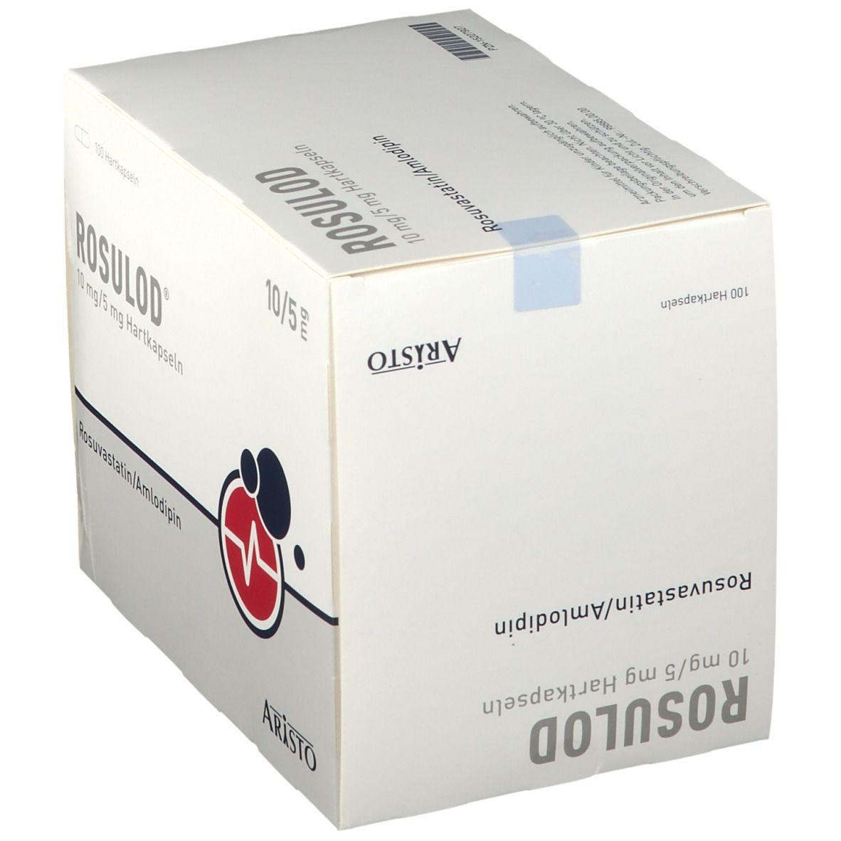 ROSULOD 10 mg/5 mg Hartkapseln. Weiße Faltschachtel mit Produktnamen, Dosierung, Inhaltsstoffen und Logo. 100 Hartkapseln.