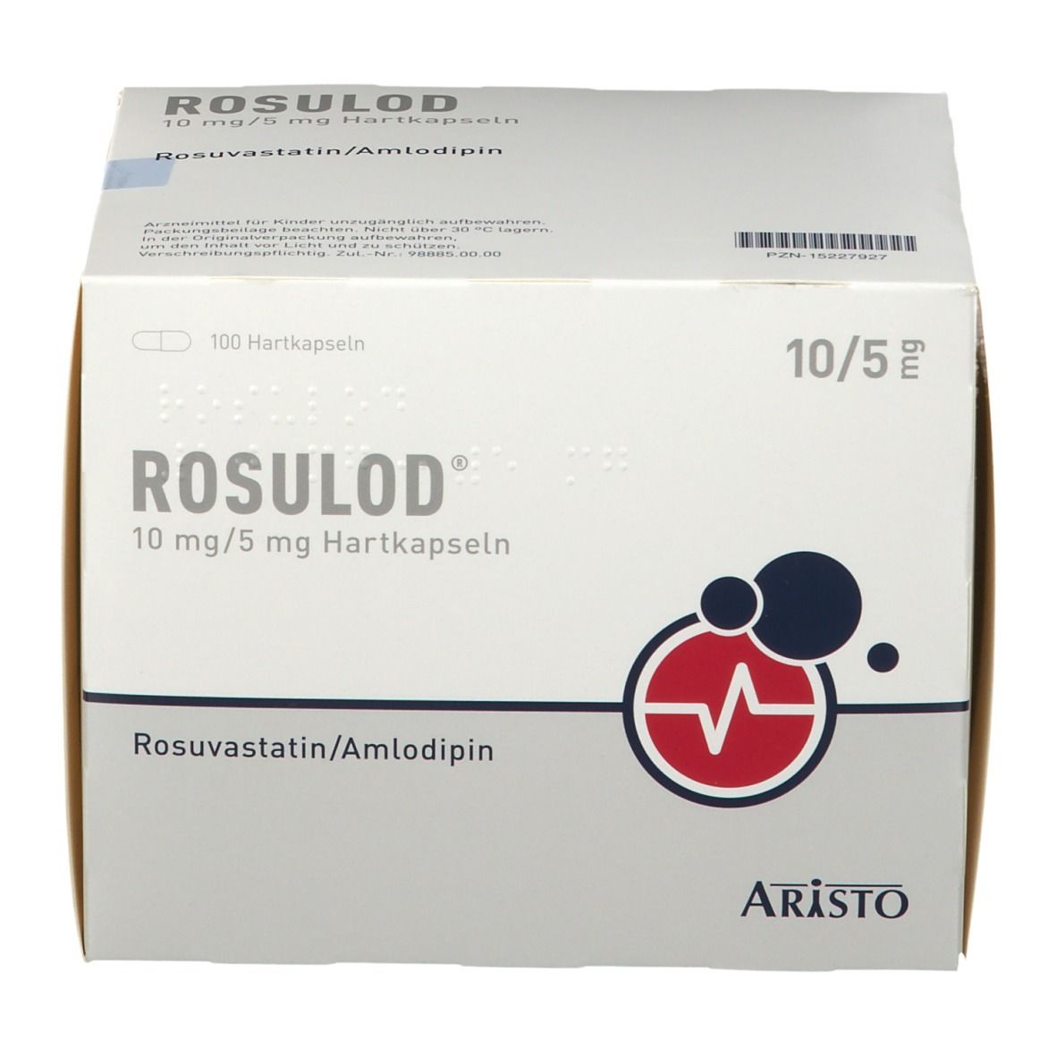 ROSULOD 10 mg/5 mg Hartkapseln. Weiße Faltschachtel mit Produktnamen, Dosierung, Inhaltsstoffen und Logo. 100 Hartkapseln.