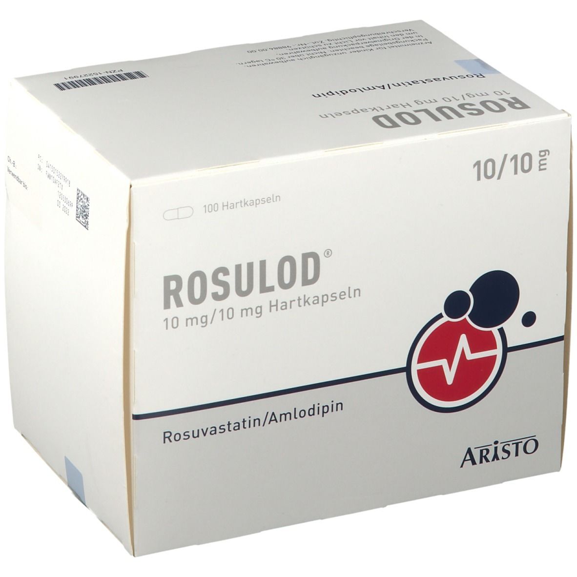 Weiße Kartonverpackung mit Produktbezeichnung ROSULOD 10 mg/10 mg Hartkapseln. Logo mit Herzschlag. Aristo-Logo.