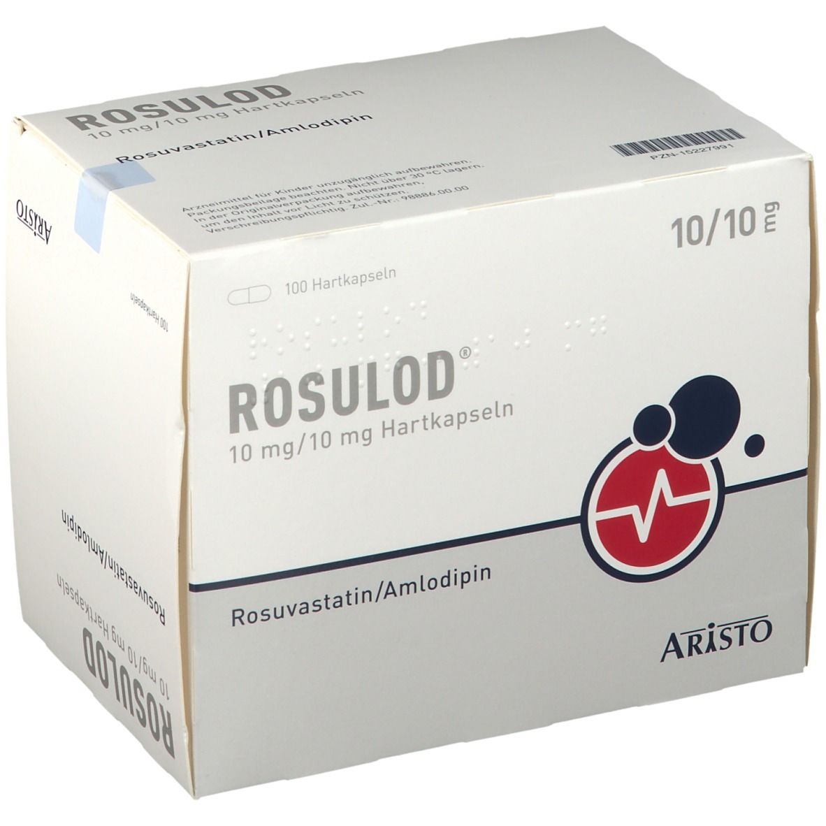 Kartonverpackung mit Produktbezeichnung ROSULOD 10 mg/10 mg Hartkapseln. Logo mit Herzschlag. Aristo-Logo. 10/10 mg.