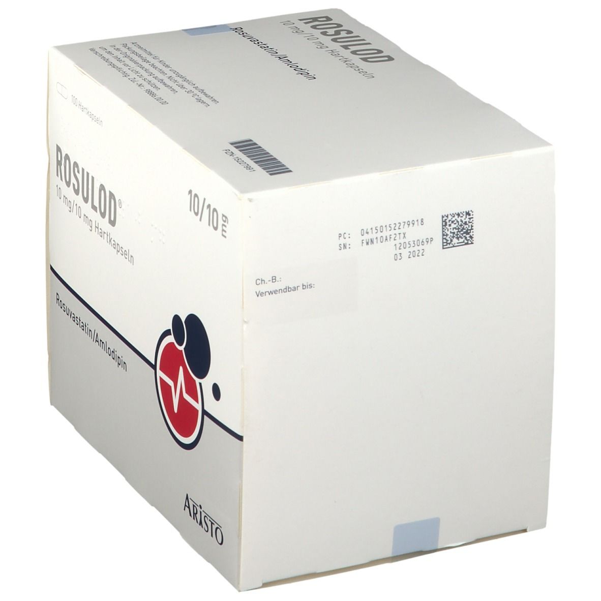Kartonverpackung mit Produktbezeichnung ROSULOD 10 mg/10 mg Hartkapseln. Logo mit Herzschlag. Aristo-Logo. 10/10 mg.