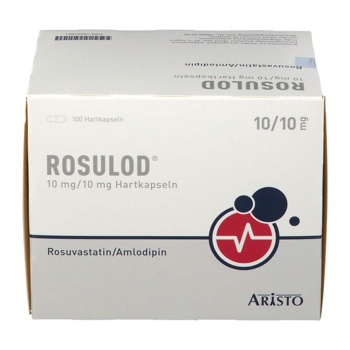 Kartonverpackung mit Produktbezeichnung ROSULOD 10 mg/10 mg Hartkapseln. Logo mit Herzschlag. Aristo-Logo. 10/10 mg.