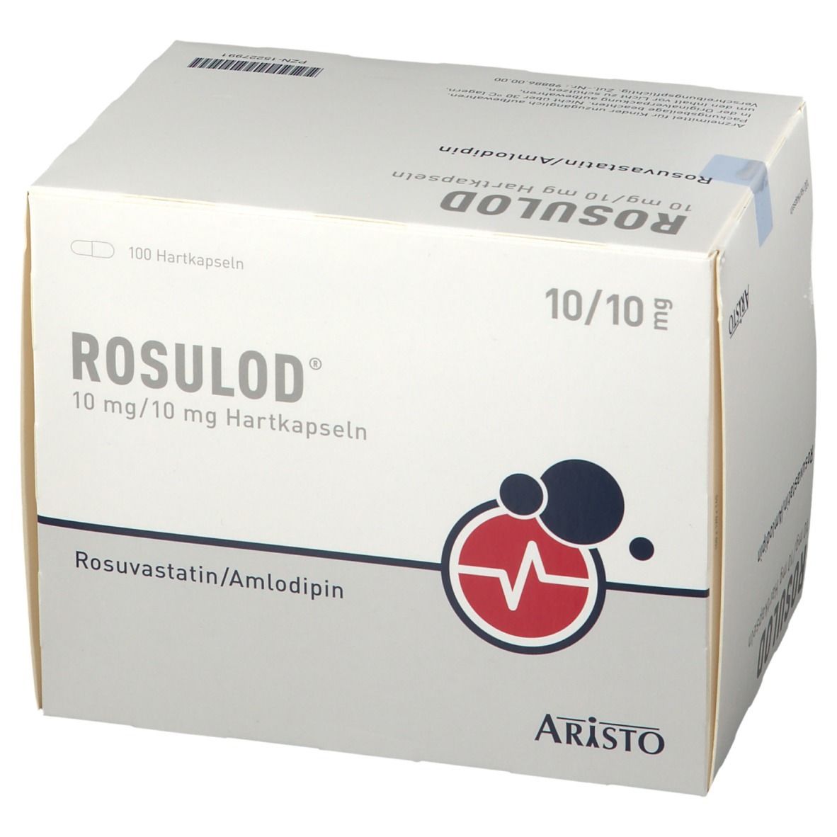 Kartonverpackung mit Produktbezeichnung ROSULOD 10 mg/10 mg Hartkapseln. Logo mit Herzschlag. Aristo-Logo. 10/10 mg.