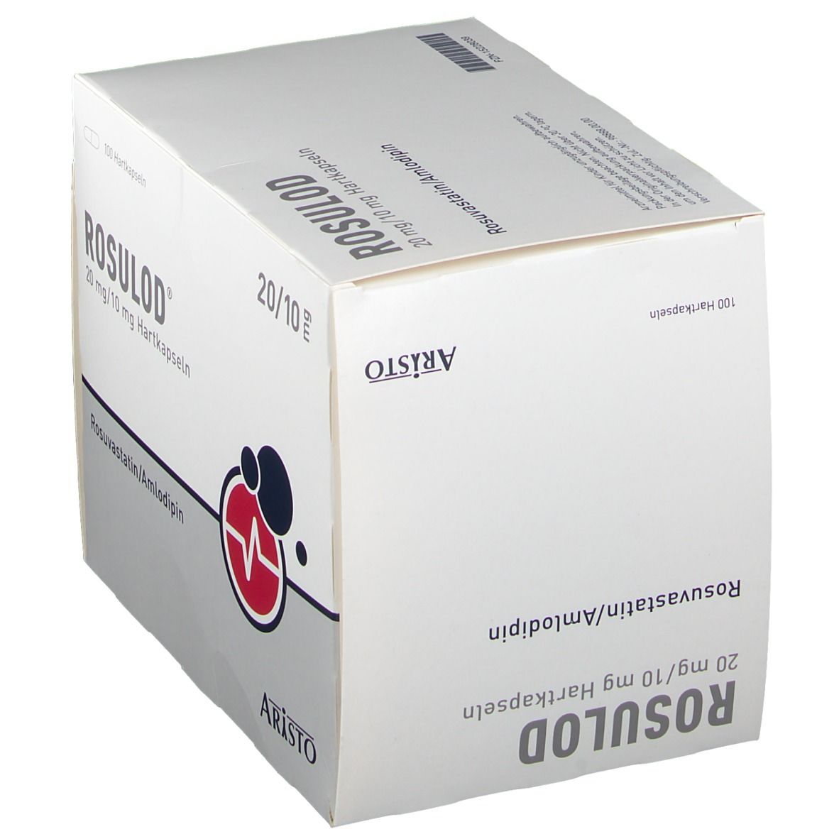 ROSULOD 20 mg/10 mg Hartkapseln-Packung. Logo mit Herzschlag. Marke: ARISTO. Aufschrift: Rosuvastatin/Amlodipin.