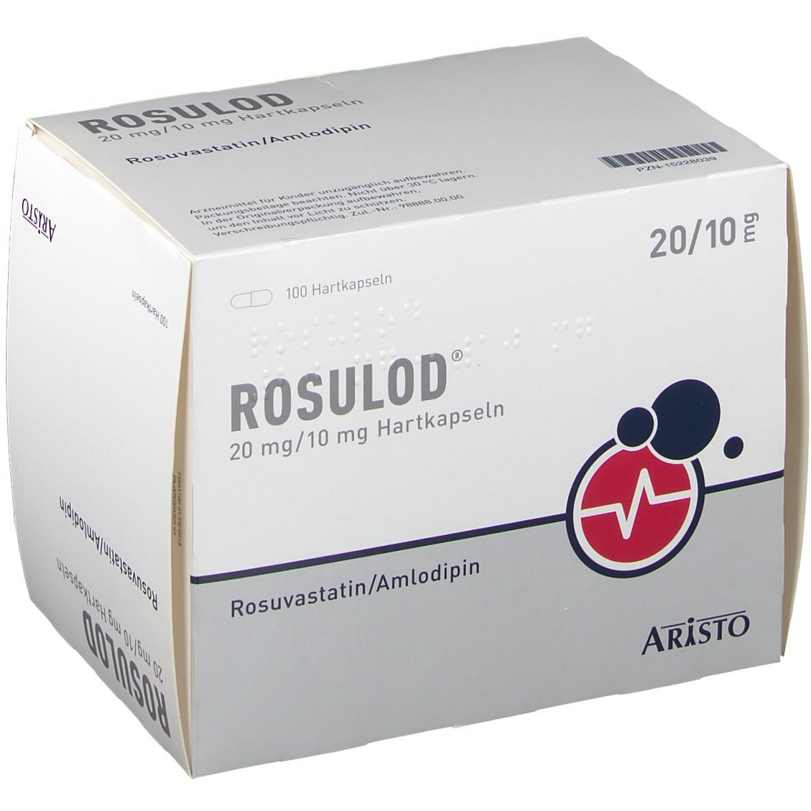 ROSULOD 20 mg/10 mg Hartkapseln-Packung. Enthält 100 Kapseln. Logo mit Herzschlag. Marke: ARISTO.