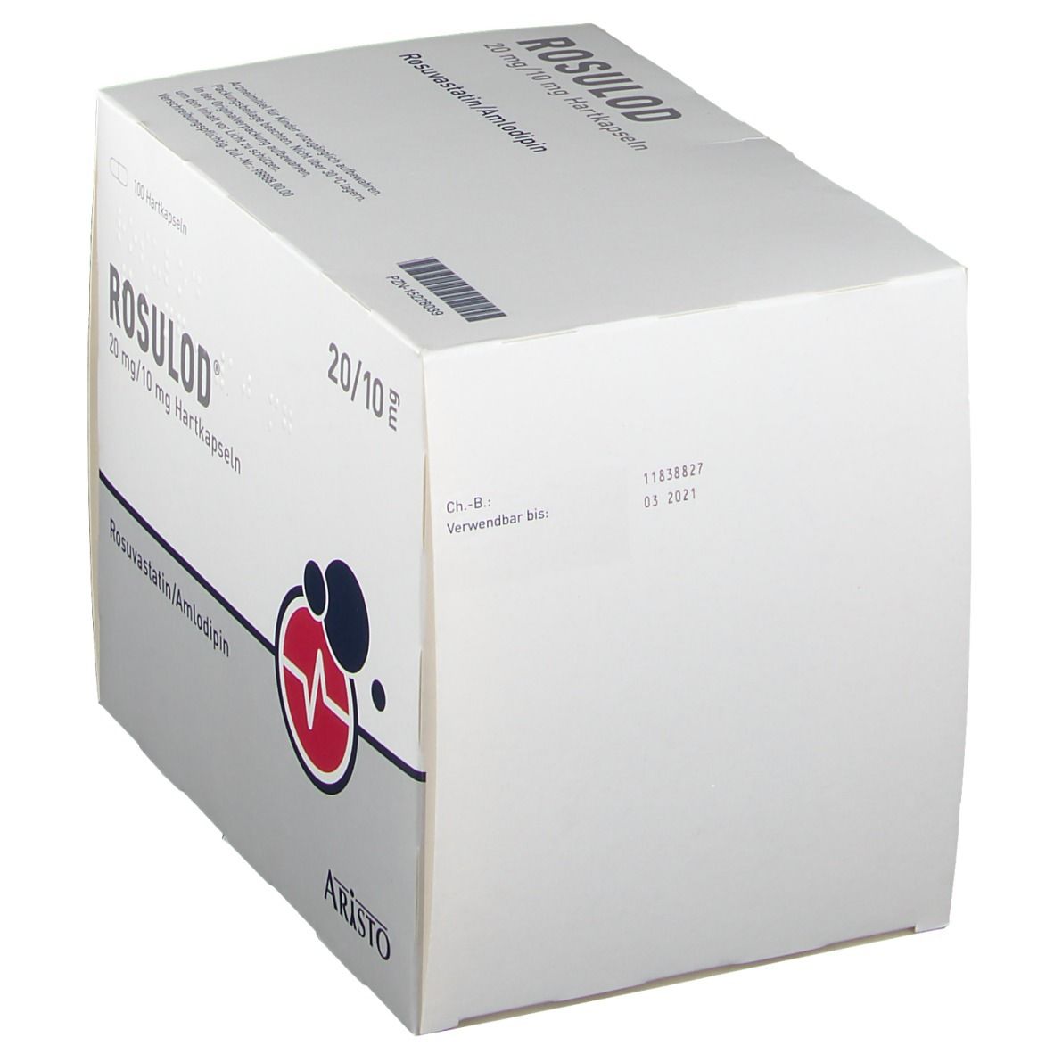 ROSULOD 20 mg/10 mg Hartkapseln-Packung. Logo mit Herzschlag. Marke: ARISTO. Verfallsdatum: 03.2021.