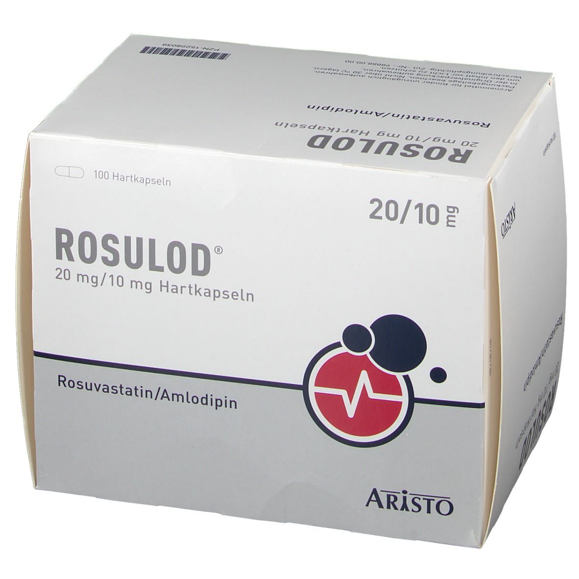 ROSULOD 20 mg/10 mg Hartkapseln-Packung. Logo mit Herzschlag. Marke: ARISTO. Aufschrift: Rosuvastatin/Amlodipin.