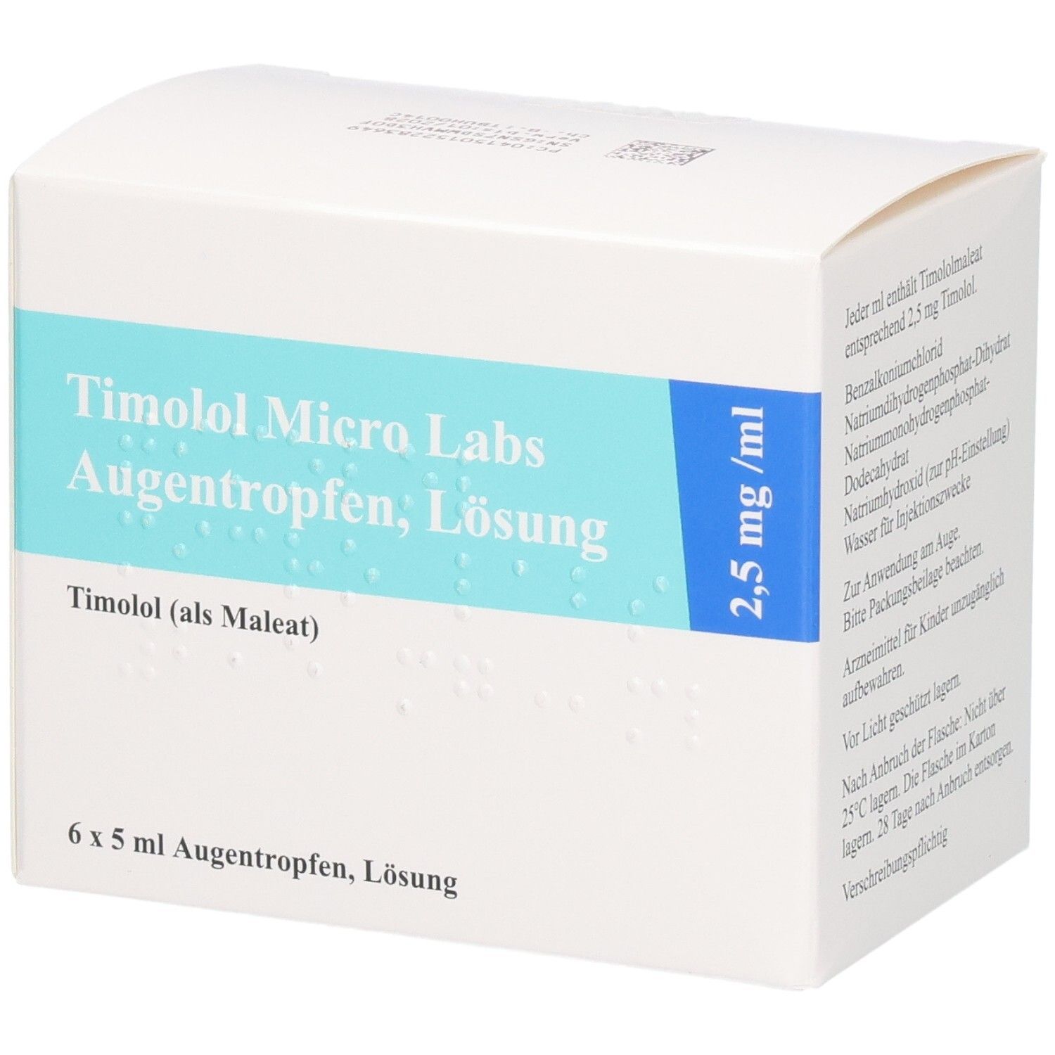 Weiße Faltschachtel mit blauer Beschriftung. Enthält Timolol Micro Labs Augentropfen, Lösung. Aufdruck: 2,5 mg/ml, 6 x 5 ml.