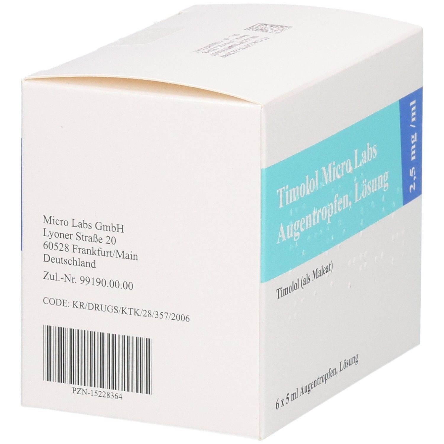 Weiße Faltschachtel mit blauer Beschriftung. Enthält Timolol Micro Labs Augentropfen, Lösung. Aufdruck: 2,5 mg/ml, 6 x 5 ml. Rückseite mit Adresse.