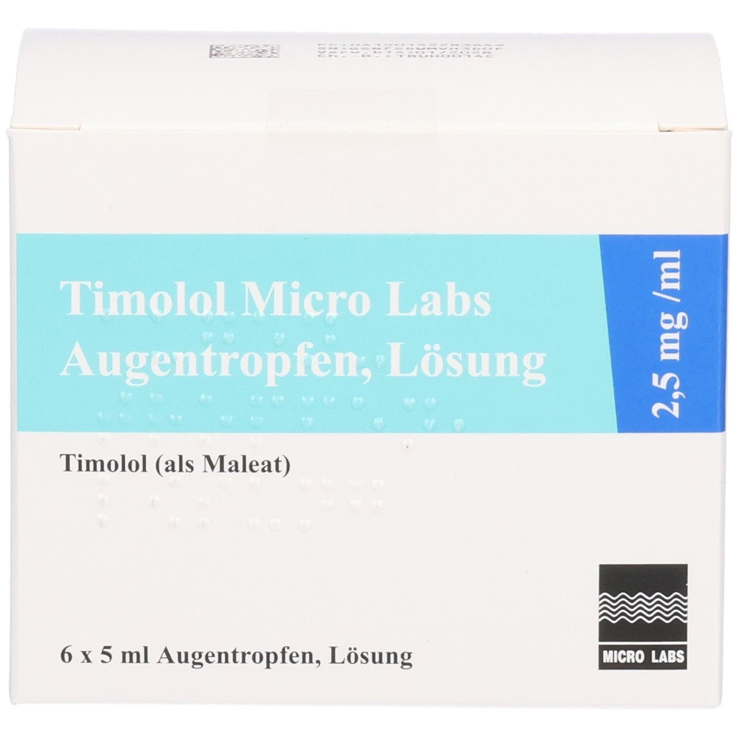 Weiße Faltschachtel mit blauer Beschriftung. Enthält Timolol Micro Labs Augentropfen, Lösung. Aufdruck: 2,5 mg/ml, 6 x 5 ml. Logo Micro Labs.