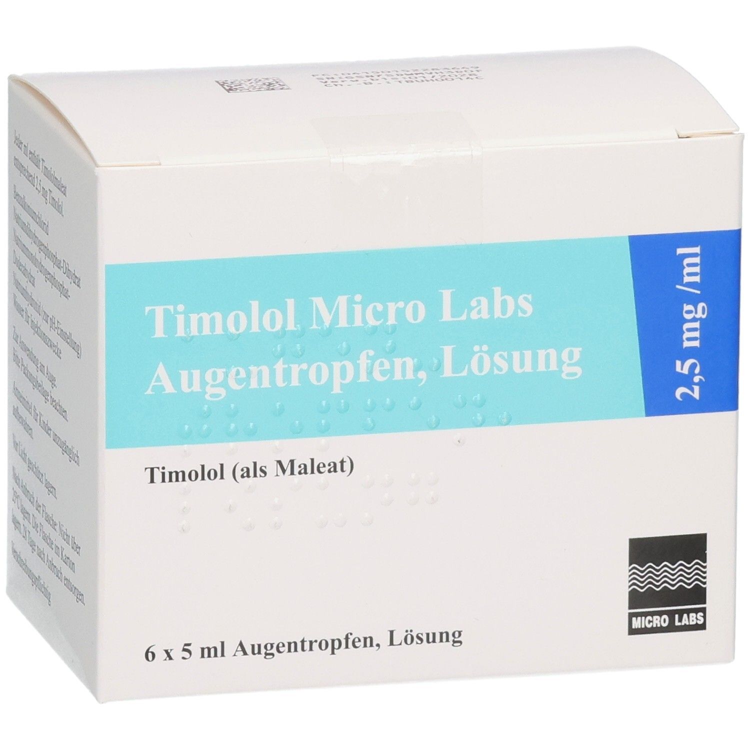 Weiße Faltschachtel mit blauer Beschriftung. Enthält Timolol Micro Labs Augentropfen, Lösung. Aufdruck: 2,5 mg/ml, 6 x 5 ml. Logo Micro Labs.