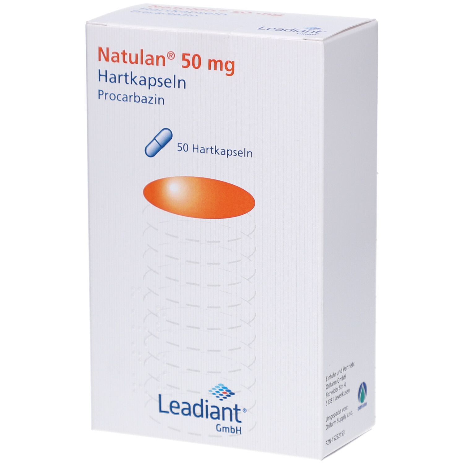 Weiße Faltschachtel mit Produktinformationen. Oben links: Natulan 50 mg Hartkapseln. Darunter: blaue Kapsel-Illustration. Logo: Leadient GmbH.