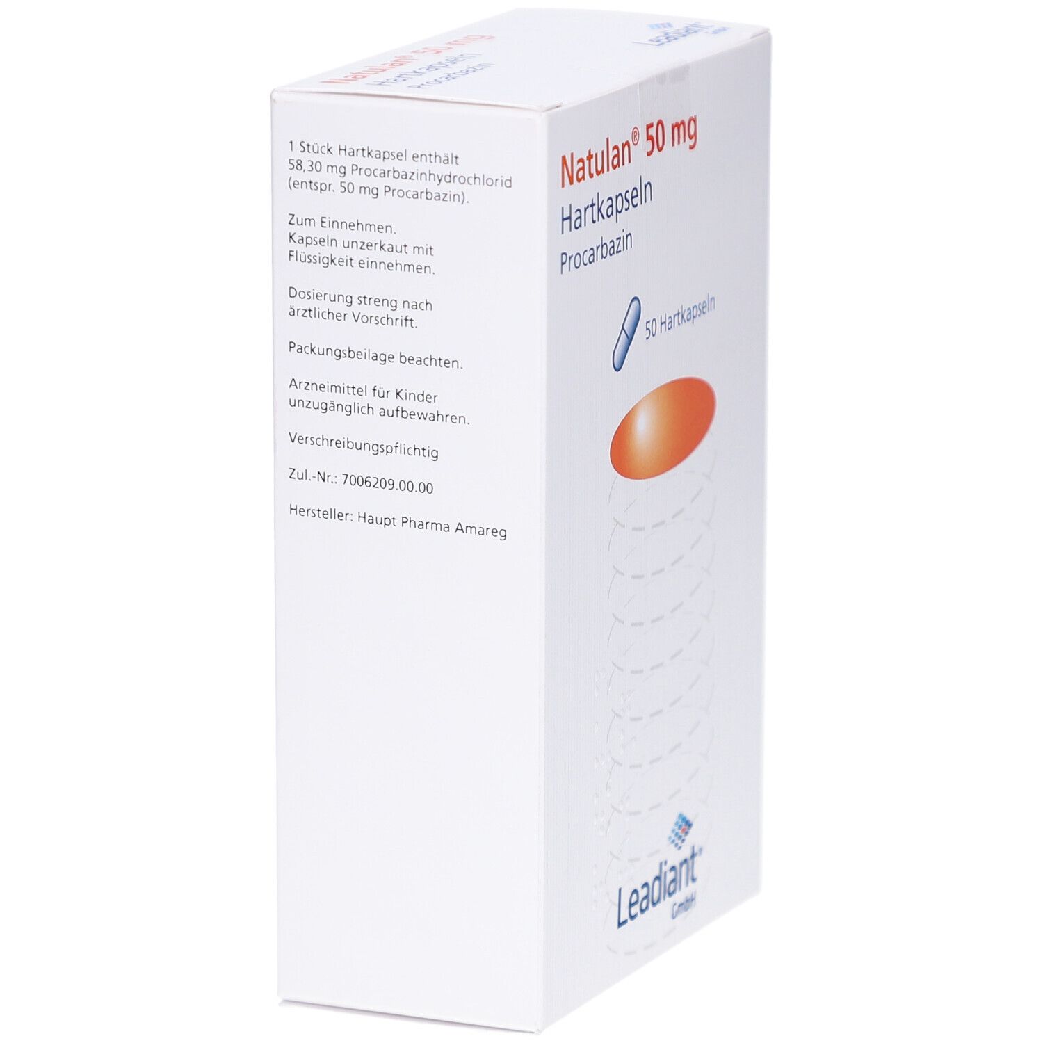 Weiße Faltschachtel mit Produktinformationen. Text auf Deutsch. Oben rechts: Natulan 50 mg Hartkapseln. Logo: Leadient GmbH. Ansicht schräg von links.