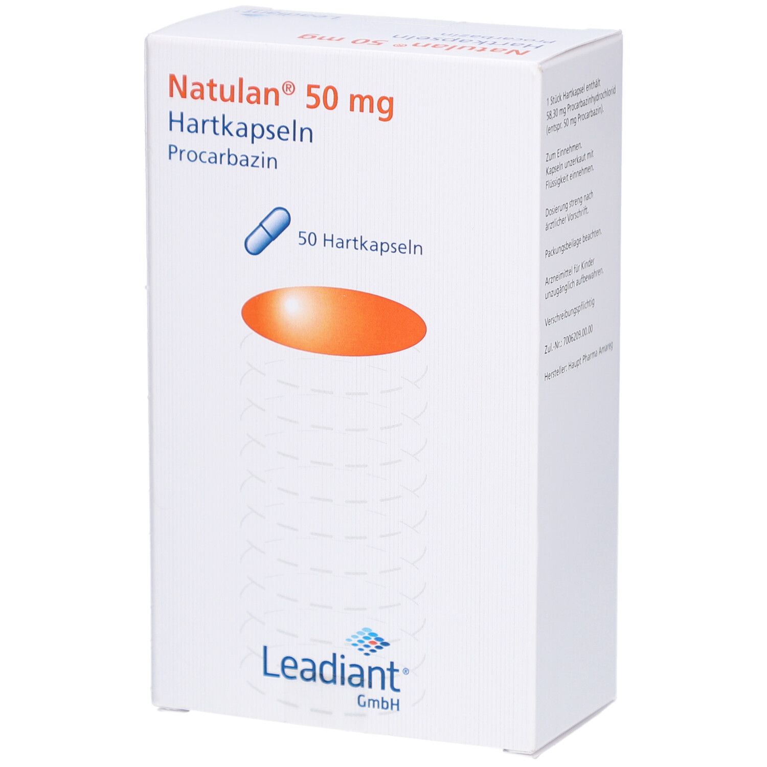Weiße Faltschachtel mit Produktinformationen. Oben links: Natulan 50 mg Hartkapseln. Darunter: blaue Kapsel-Illustration. Logo: Leadient GmbH.
