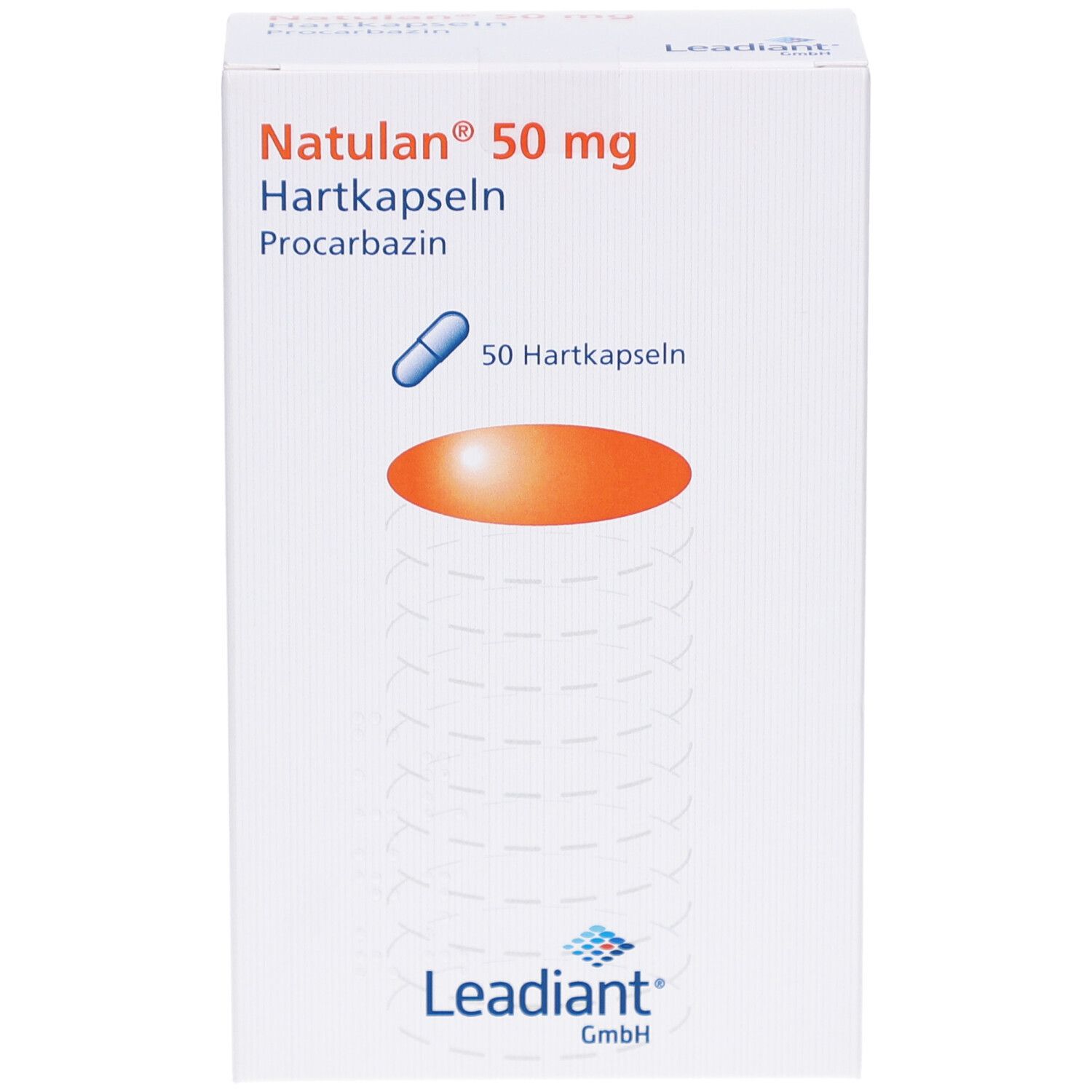 Weiße Faltschachtel mit Produktinformationen. Oben links: Natulan 50 mg Hartkapseln. Darunter: blaue Kapsel-Illustration. Logo: Leadient GmbH.