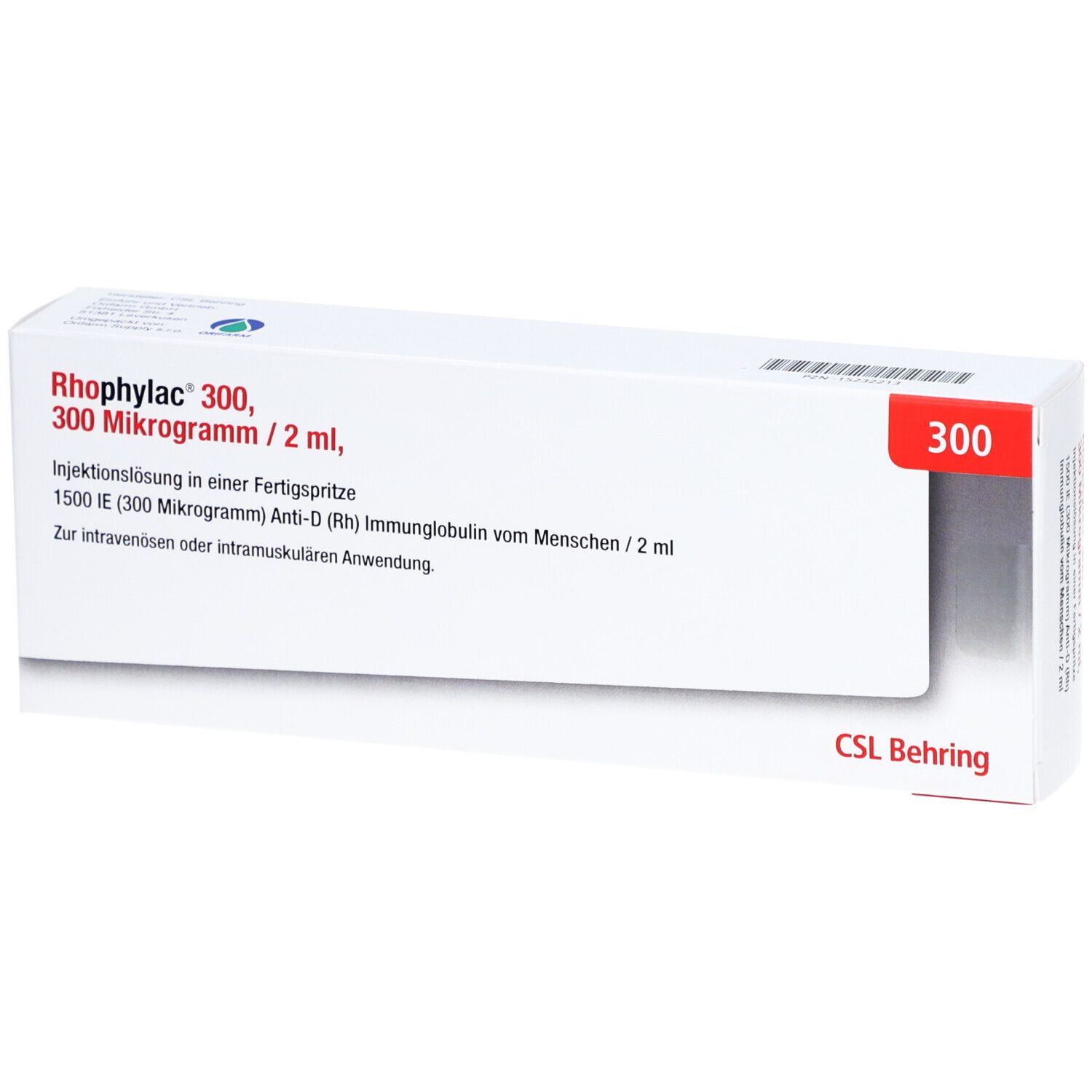 Rhophylac 300, 300 Mikrogramm/2 ml-Packung. Weiße Schachtel mit Produktinformationen und CSL Behring-Logo. Rote Zahl 300.