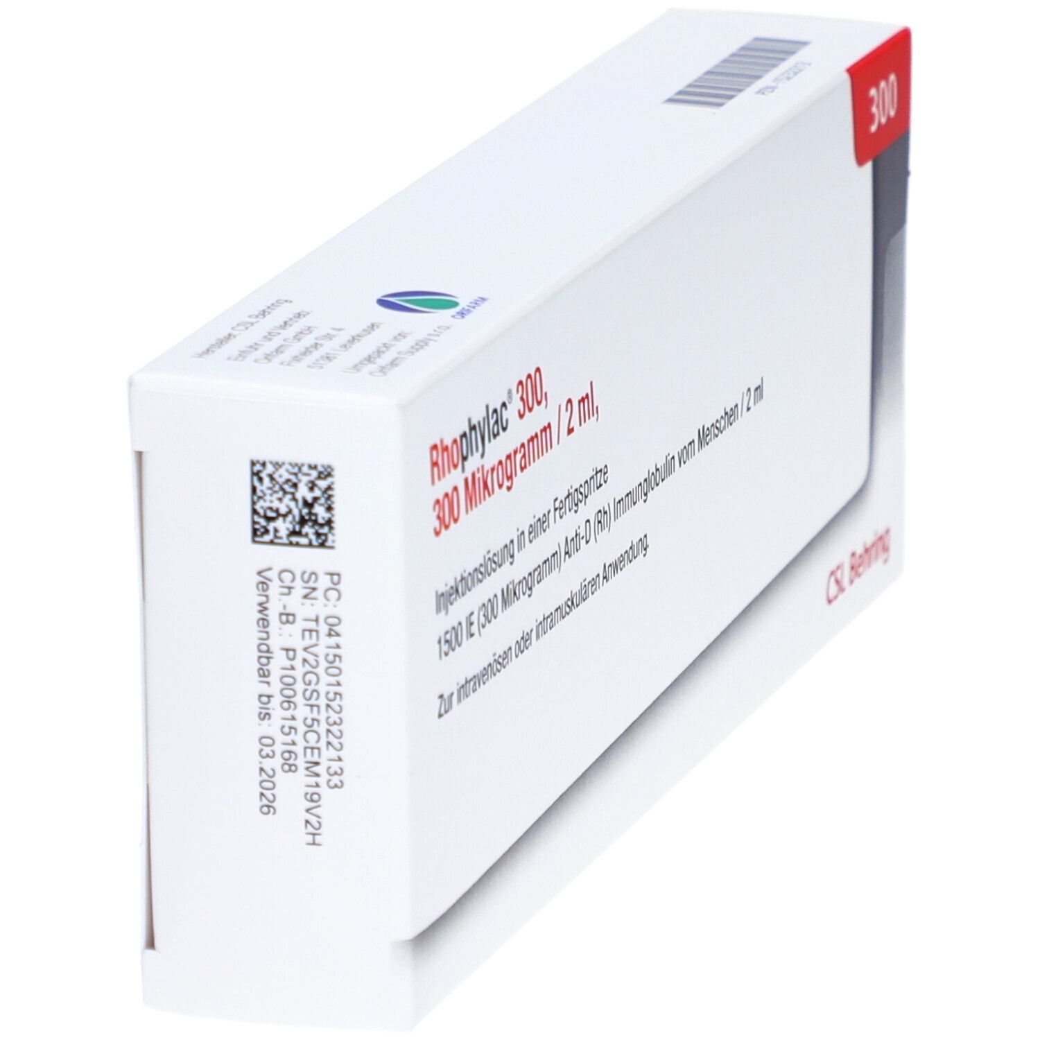 Schachtel Rhophylac 300, 300 Mikrogramm/2 ml. Weiße Schachtel mit Produktinformationen, QR-Code und CSL Behring-Logo. Rote Ecke.