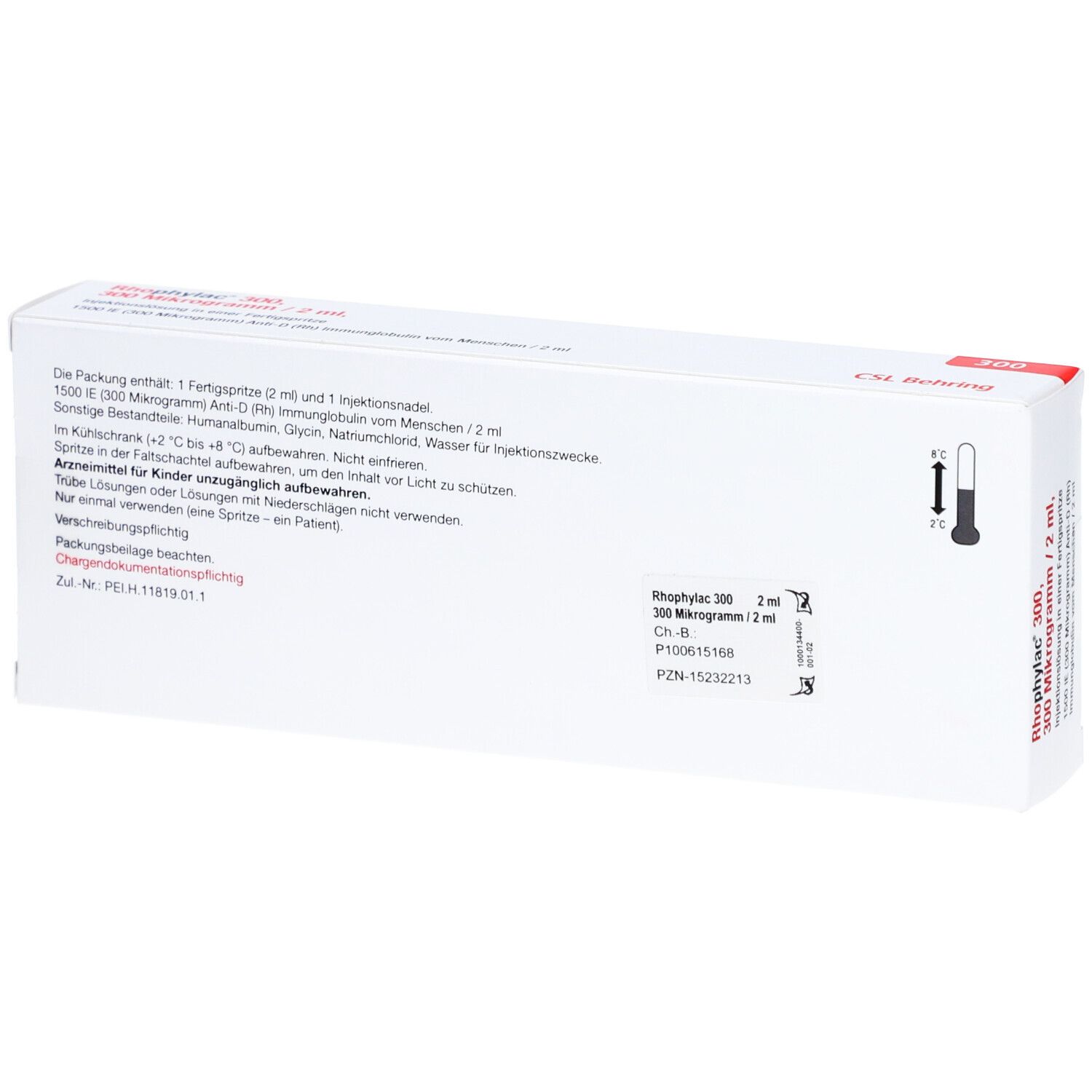 Rückseite der Rhophylac 300-Packung. Enthält Informationen, Chargennummer, Verfallsdatum und CSL Behring-Logo. Kühlhinweis.