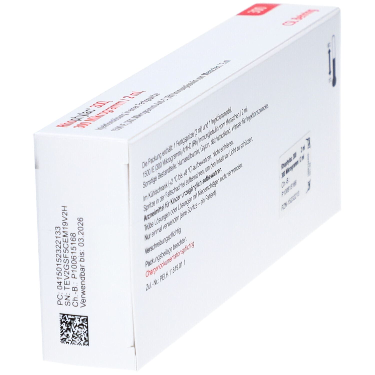 Rückseite der Rhophylac 300-Packung. Enthält Informationen, Chargennummer, Verfallsdatum und CSL Behring-Logo. Kühlhinweis.