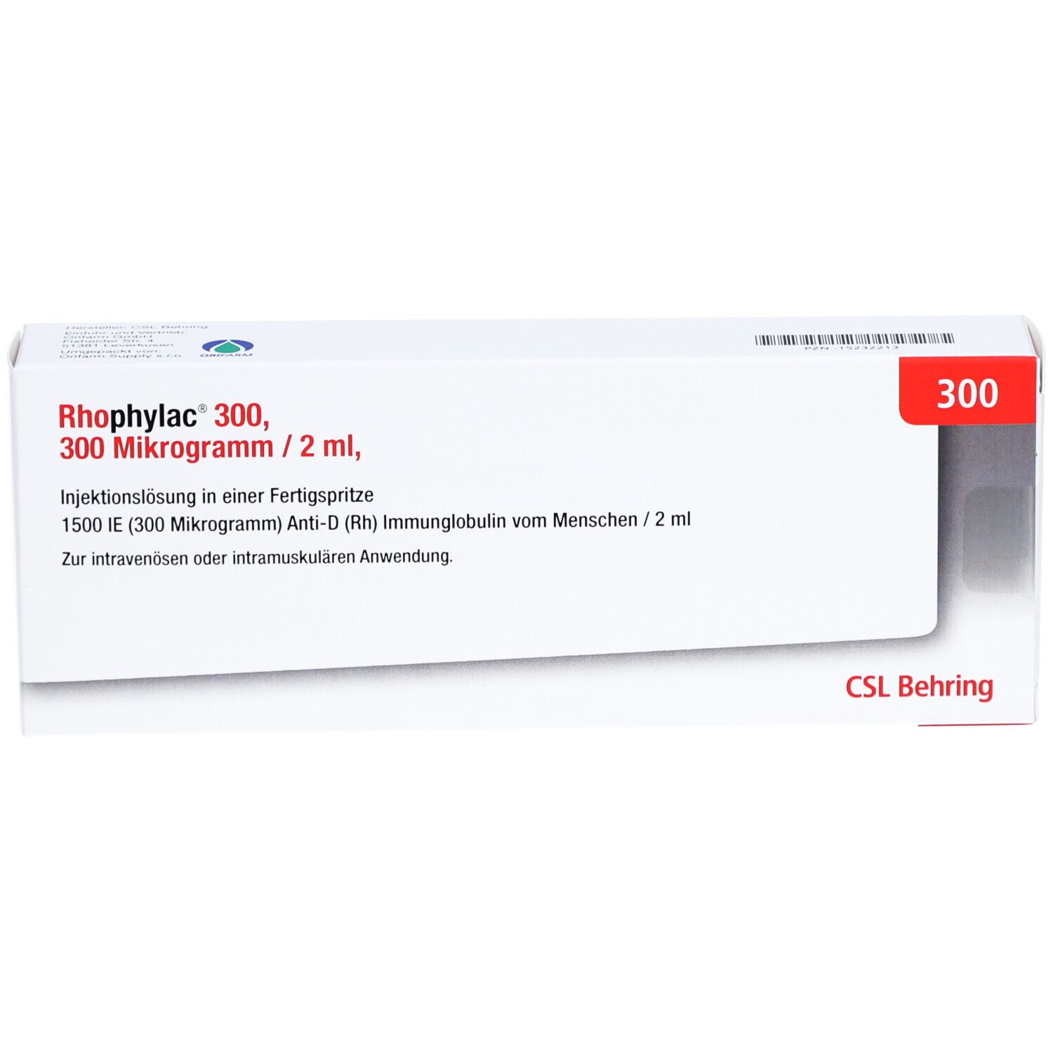 Rhophylac 300, 300 Mikrogramm/2 ml-Packung. Weiße Schachtel mit Produktinformationen und CSL Behring-Logo. Rote Zahl 300.
