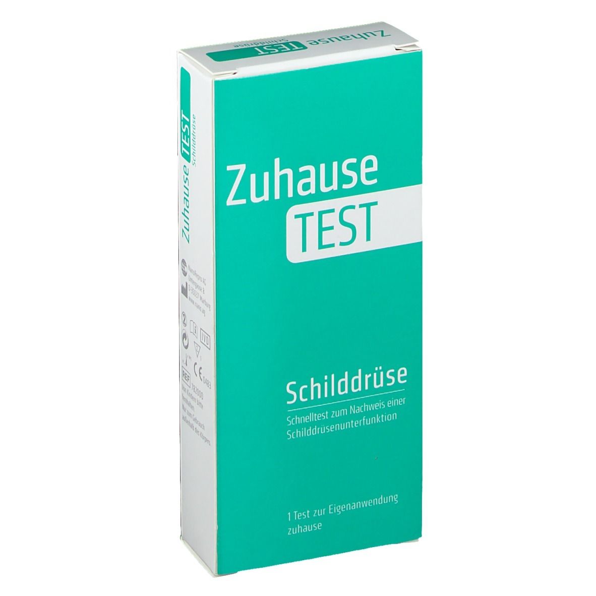 Verpackung des ZuHauseTEST Schilddrüse. Grün-weiße Schachtel mit Produktnamen und Text. Enthält einen Test zur Eigenanwendung.