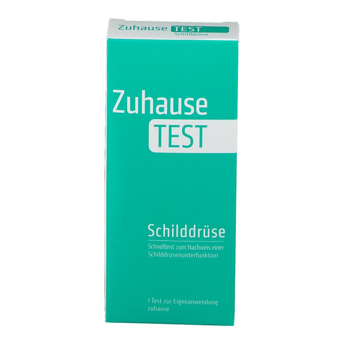 Verpackung des ZuHauseTEST Schilddrüse. Grün-weiße Schachtel mit Produktnamen und Text. Enthält einen Test zur Eigenanwendung.