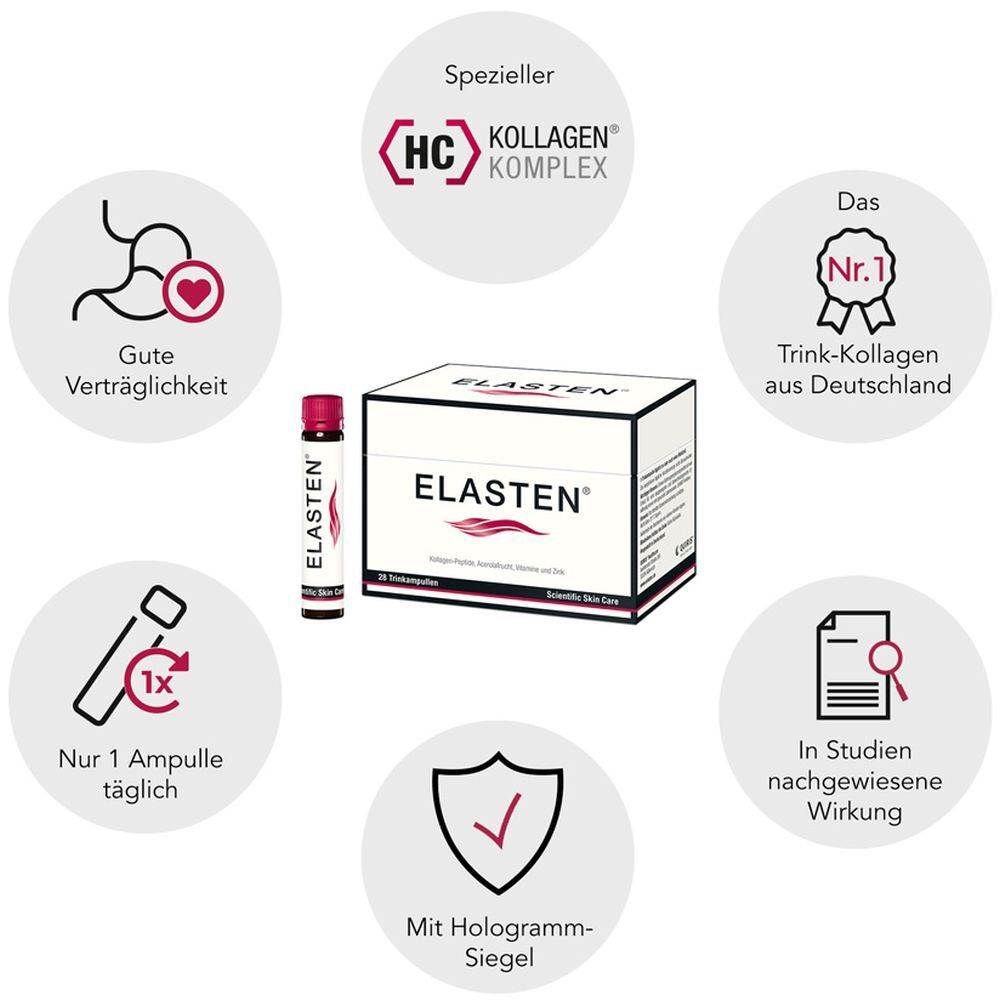 ELASTEN® Kollagen Trinkampullen für schöne Haut – das studiengeprüfte Original, mit Acerola, Vitamin C, Zink, Biotin