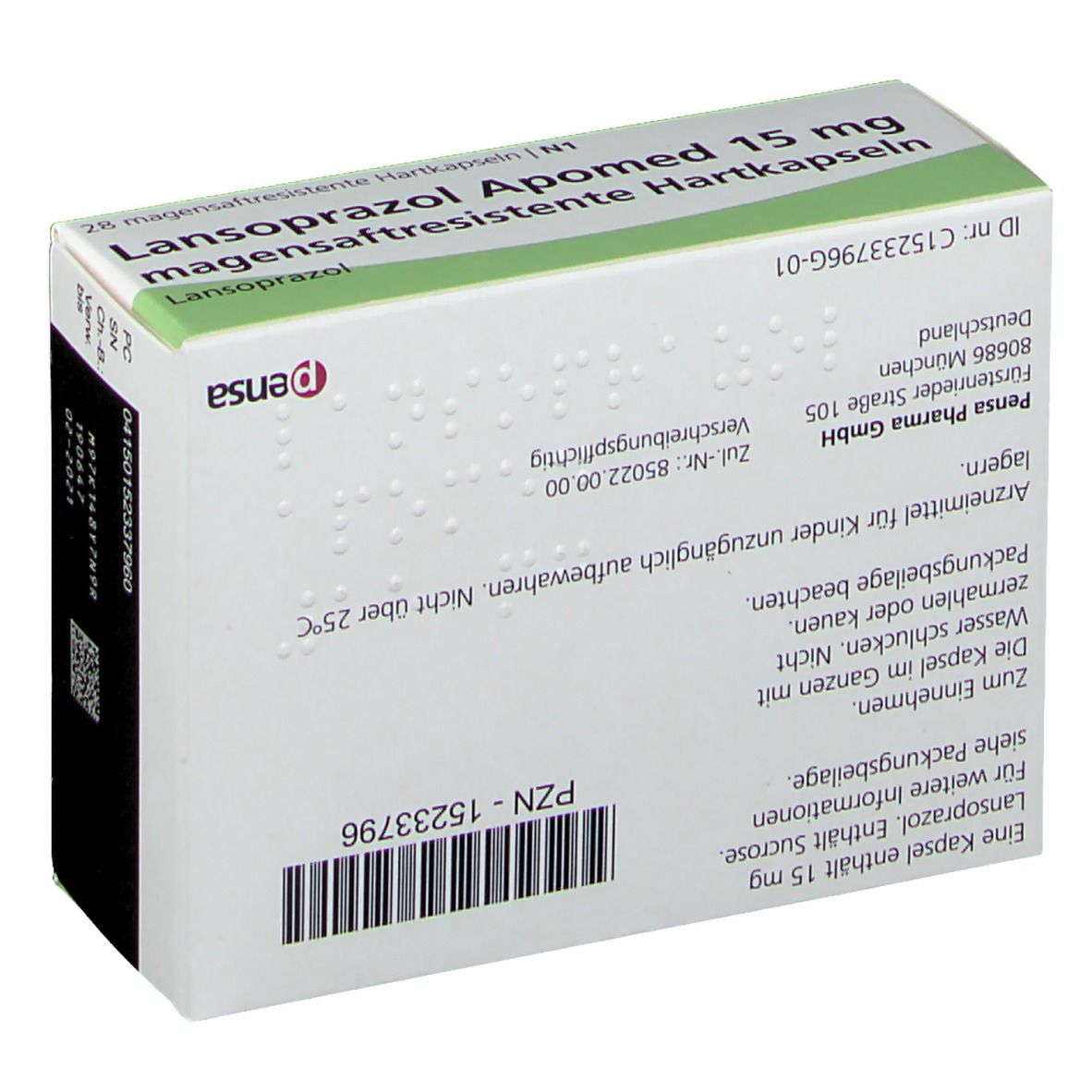 Rückseite der Schachtel mit Lansoprazol Apomed 15 mg. Textinformationen, Herstelleradresse, PZN-Nummer und Barcode.