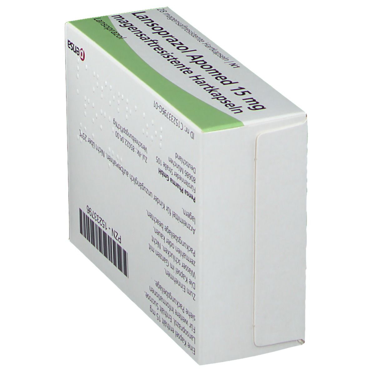 Schachtel mit Lansoprazol Apomed 15 mg. Seitenansicht mit Produktnamen und Logo. Grün-weiße Verpackung.