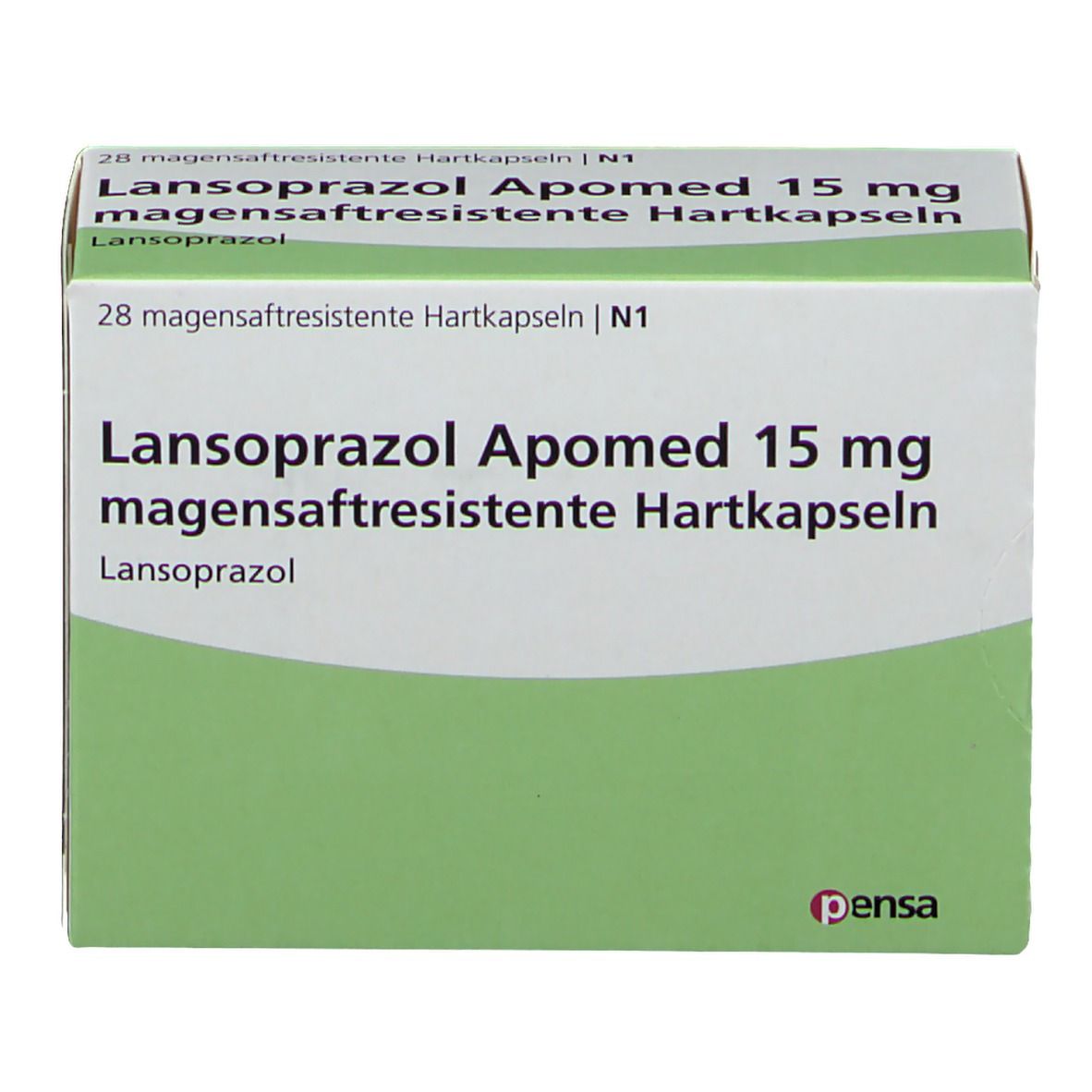 Vorderseite der Schachtel mit Lansoprazol Apomed 15 mg. Produktname, Dosierung und Logo auf grünem Hintergrund.