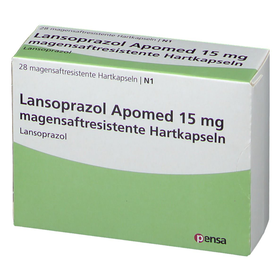 Schachtel mit Lansoprazol Apomed 15 mg. Vorderseite mit Produktnamen, Dosierung und Logo. Grün-weiße Verpackung.