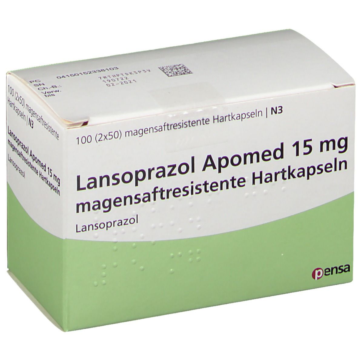 Karton mit Lansoprazol Apomed 15 mg magensaftresistente Hartkapseln. Weiße Schachtel mit grüner Ecke und Text.