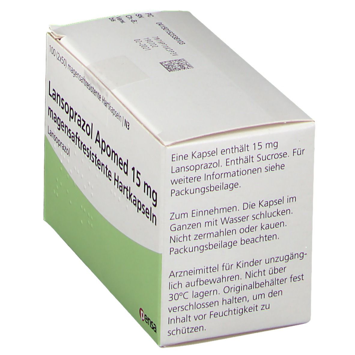 Karton mit Text: Lansoprazol Apomed 15 mg, magensaftresistente Hartkapseln. Text auf weißem Grund.
