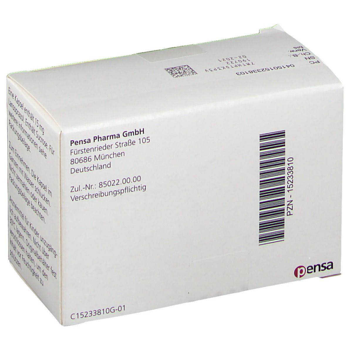 Karton mit Text und Logo: Pensa Pharma GmbH. Weiße Schachtel mit Text und Barcode.