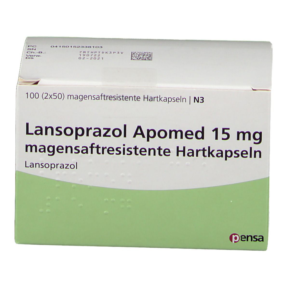 Karton mit Lansoprazol Apomed 15 mg magensaftresistente Hartkapseln. Weiße Schachtel mit grüner Ecke und Text.