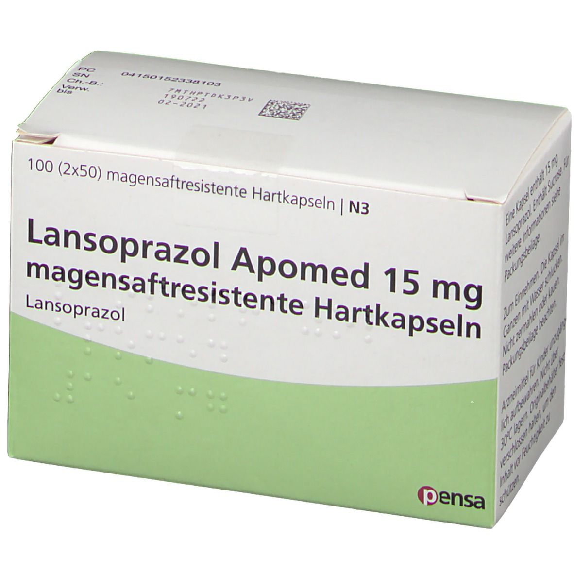 Karton mit Lansoprazol Apomed 15 mg magensaftresistente Hartkapseln. Weiße Schachtel mit grüner Ecke und Text.