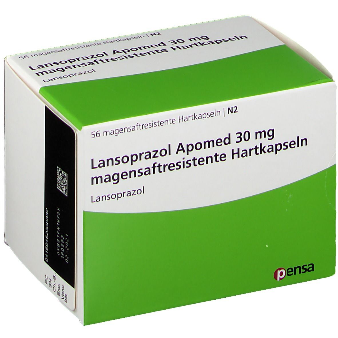 Schachtel mit Lansoprazol Apomed 30 mg. Grün-weiße Verpackung, Text in Deutsch. Pensa-Logo.