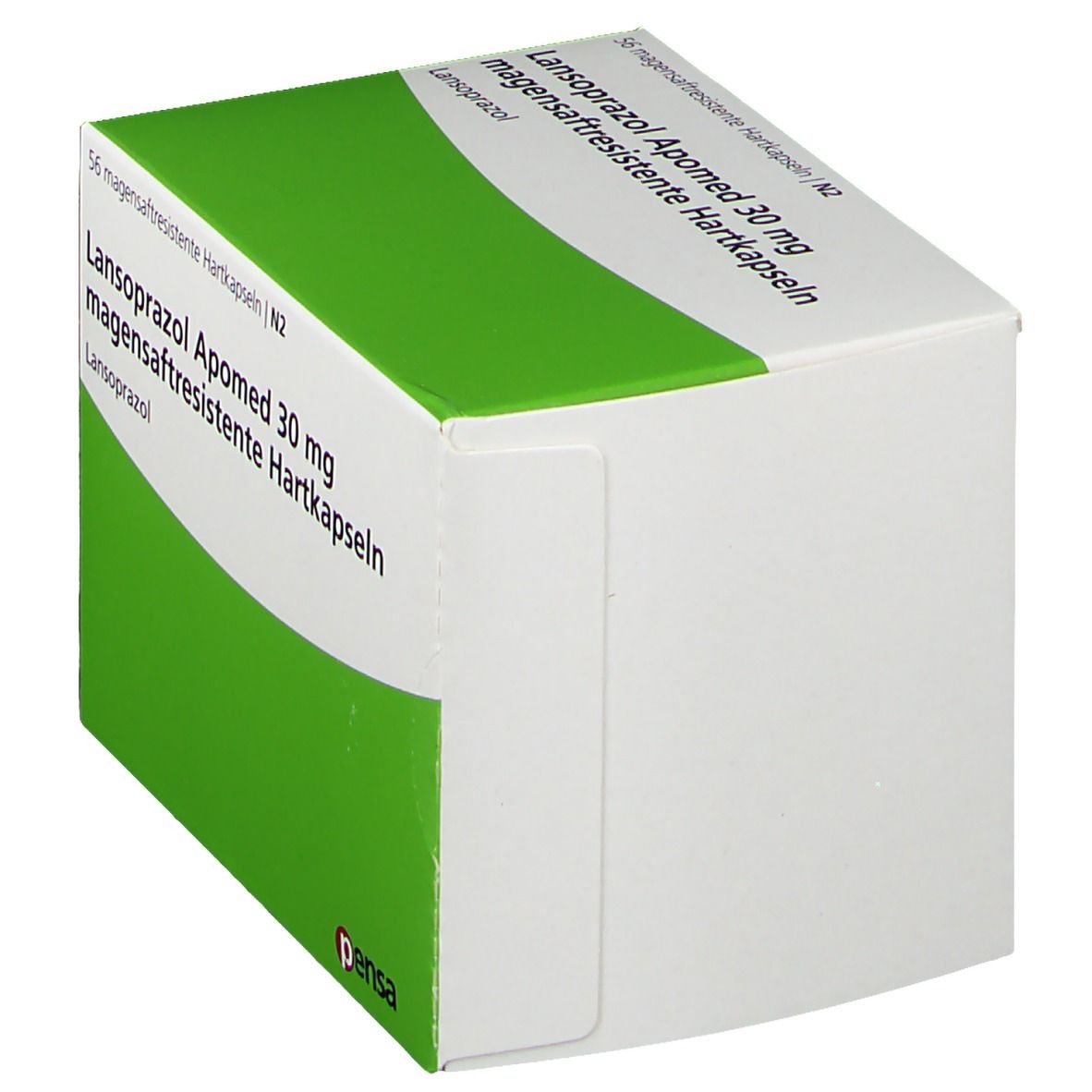Schachtel Lansoprazol Apomed 30 mg. Grün-weiße Verpackung, Text in Deutsch. Pensa-Logo.