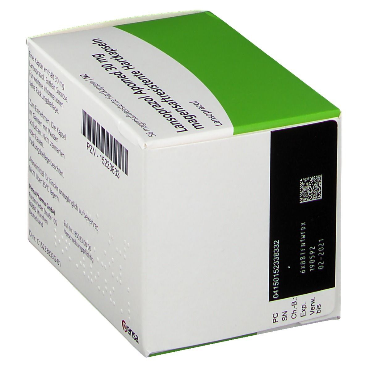 Schachtel Lansoprazol Apomed 30 mg. Grün-weiße Verpackung, Text in Deutsch. Pensa-Logo.