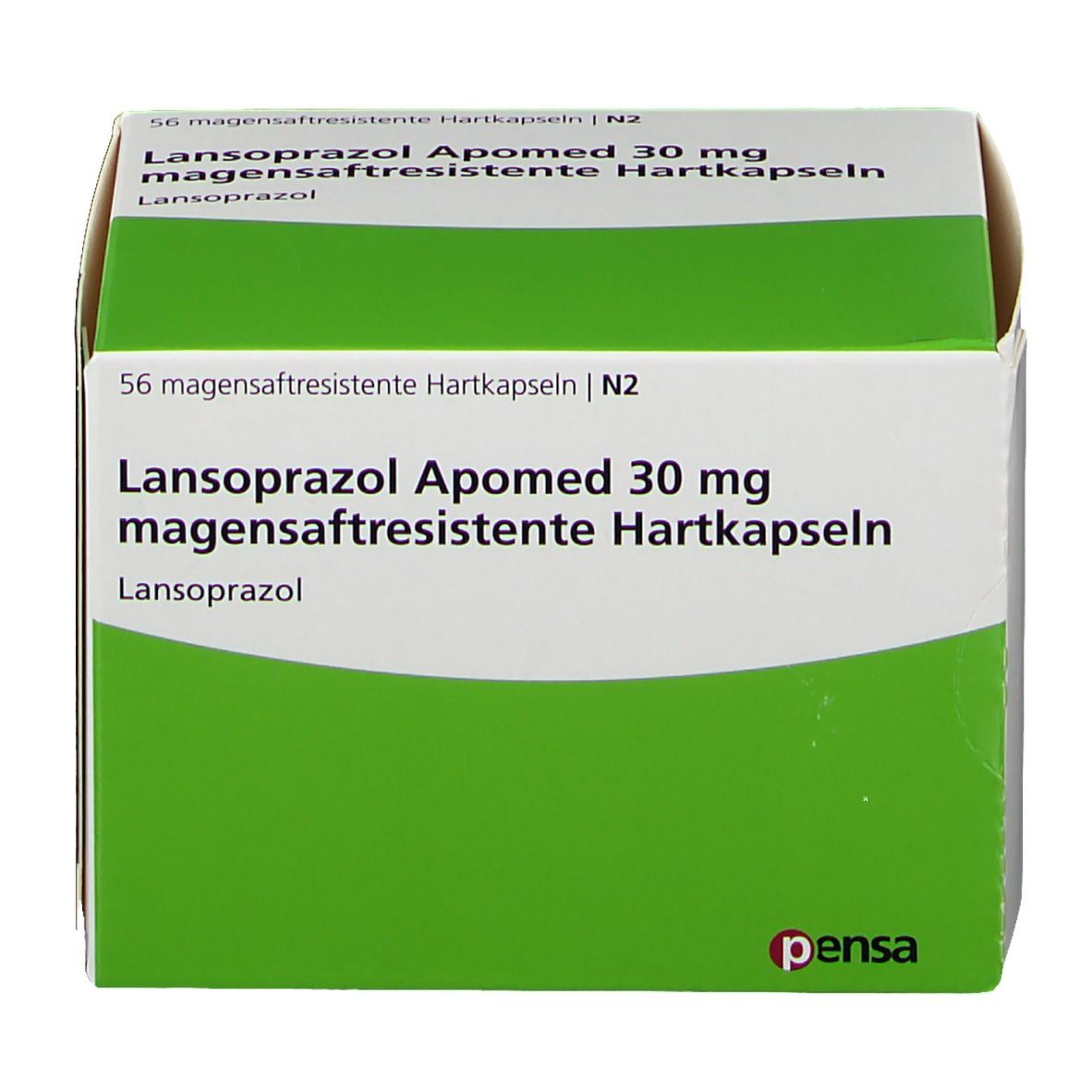 Schachtel Lansoprazol Apomed 30 mg. Grün-weiße Verpackung, Text in Deutsch. Pensa-Logo.