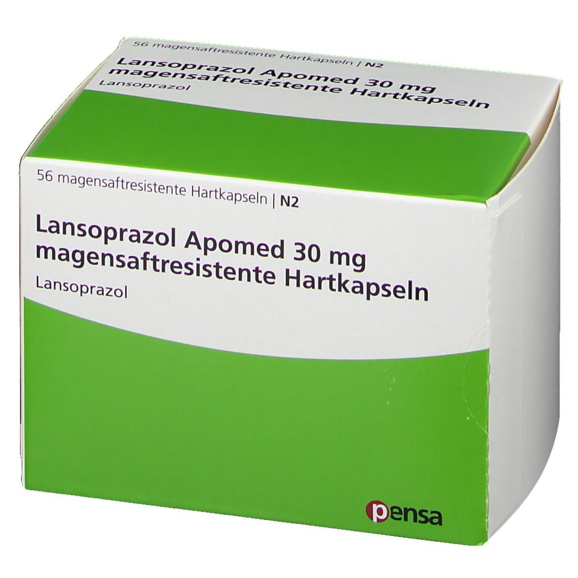 Schachtel Lansoprazol Apomed 30 mg. Grün-weiße Verpackung, Text in Deutsch. Pensa-Logo.