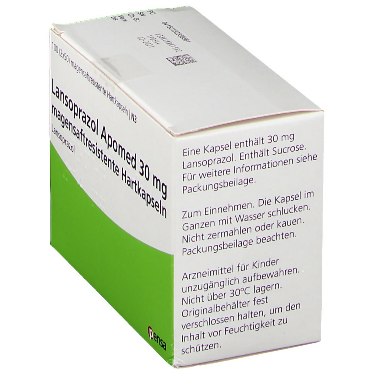 Schachtel mit Text: "Lansoprazol Apomed 30 mg". Enthält 30 mg Lansoprazol. Text über Einnahme und Lagerung. Pensa-Logo.
