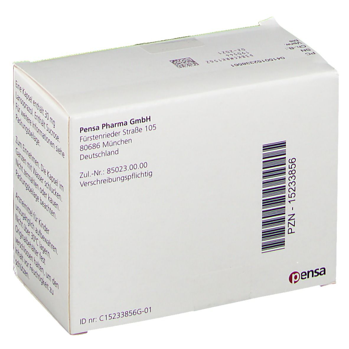 Weiße Schachtel mit Text: Pensa Pharma GmbH, Adresse, Zul.-Nr. und PZN-Nummer. Barcode. Pensa-Logo.