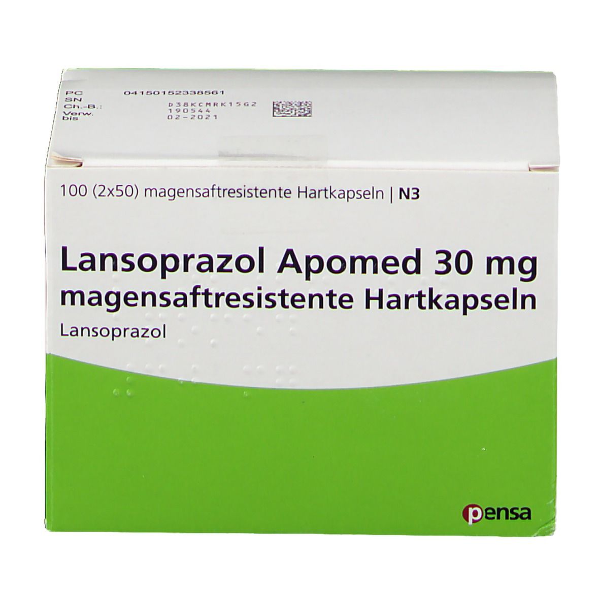 Weiße und grüne Schachtel mit "Lansoprazol Apomed 30 mg". Enthält magensaftresistente Hartkapseln. Pensa-Logo.