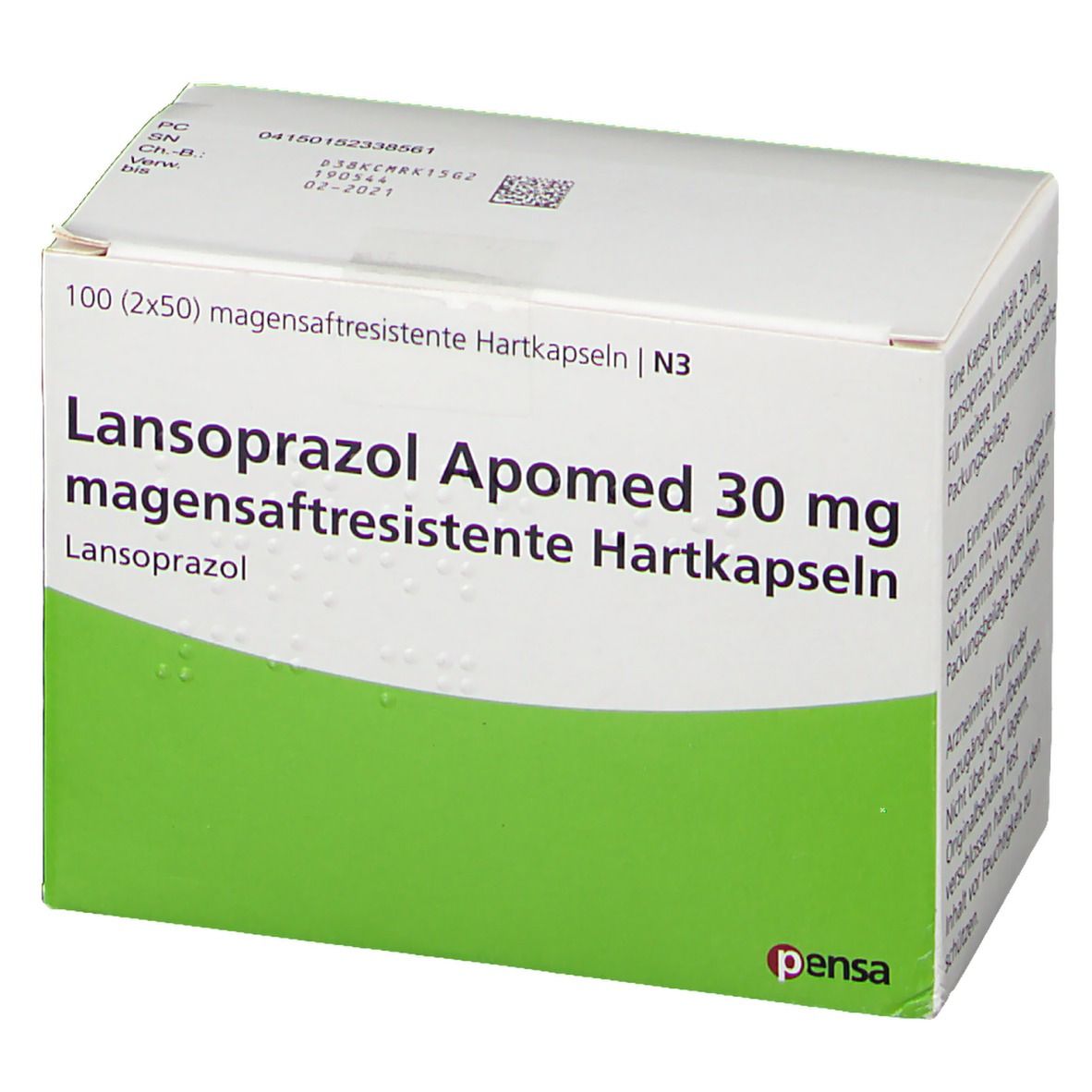 Weiße und grüne Schachtel mit "Lansoprazol Apomed 30 mg". Enthält magensaftresistente Hartkapseln. Pensa-Logo.